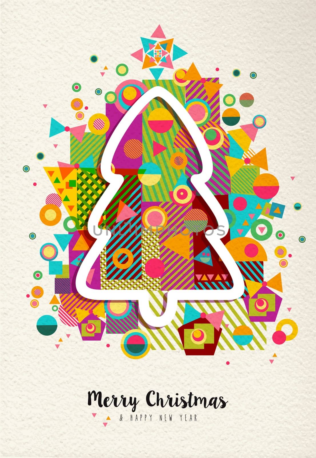 Merry Christmas Happy New Year design with colorful geometry fun shapes and xmas pine tree outline. Ideal for holiday party invitation, greeting card or web. EPS10 vector.