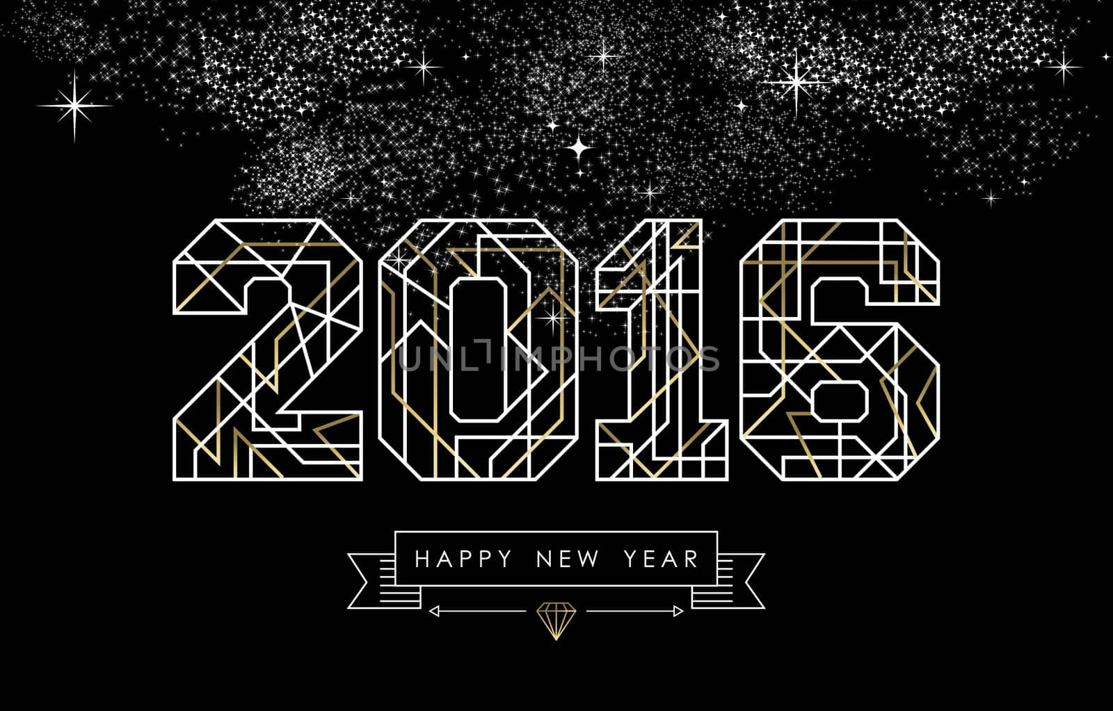 Happy New Year greeting card design in art deco outline style, gold and white 2016 sign with hipster label. Ideal for poster, holiday campaign or web. EPS10 vector.   .