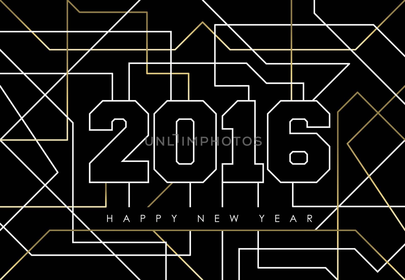 Happy new year abstract deco gold design with 2016 sign in outline style. Ideal for holiday greeting card, poster, campaign or web. EPS10 vector.