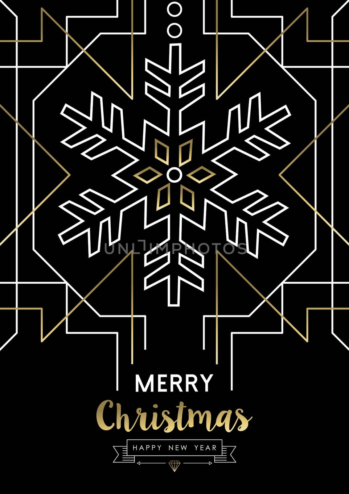 Merry Christmas Happy New Year snowflake frame design in gold art deco retro style. Ideal for elegant holiday party invitation, xmas greeting card or web. EPS10 vector.