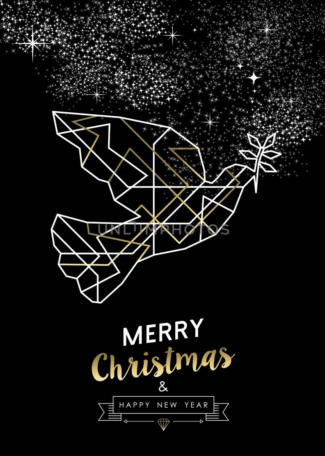 Merry Christmas Happy New Year peace dove in outline art deco geometry style, fancy gold and white design. Ideal for xmas greeting card, holiday poster or web. EPS10 vector.