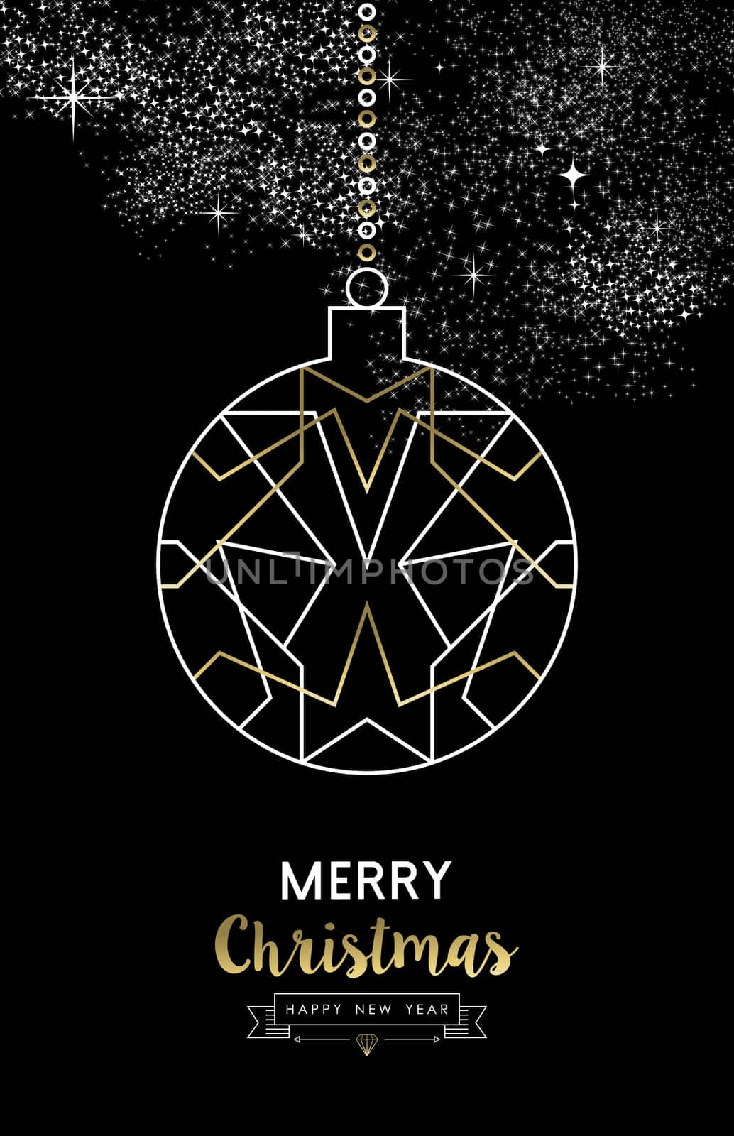 Merry Christmas Happy New Year elegant outline geometry style art deco bauble ball ornament in gold and white. Ideal for holiday greeting card, xmas poster or web. EPS10 vector.