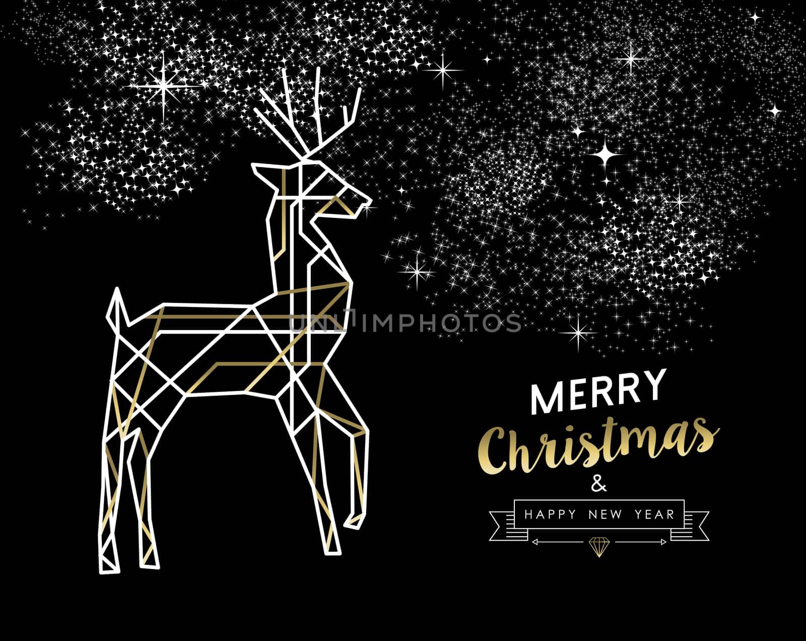 Merry Christmas Happy New Year gold and white deer in outline art deco style. Ideal for holiday greeting card, xmas poster or web. EPS10 vector.   .