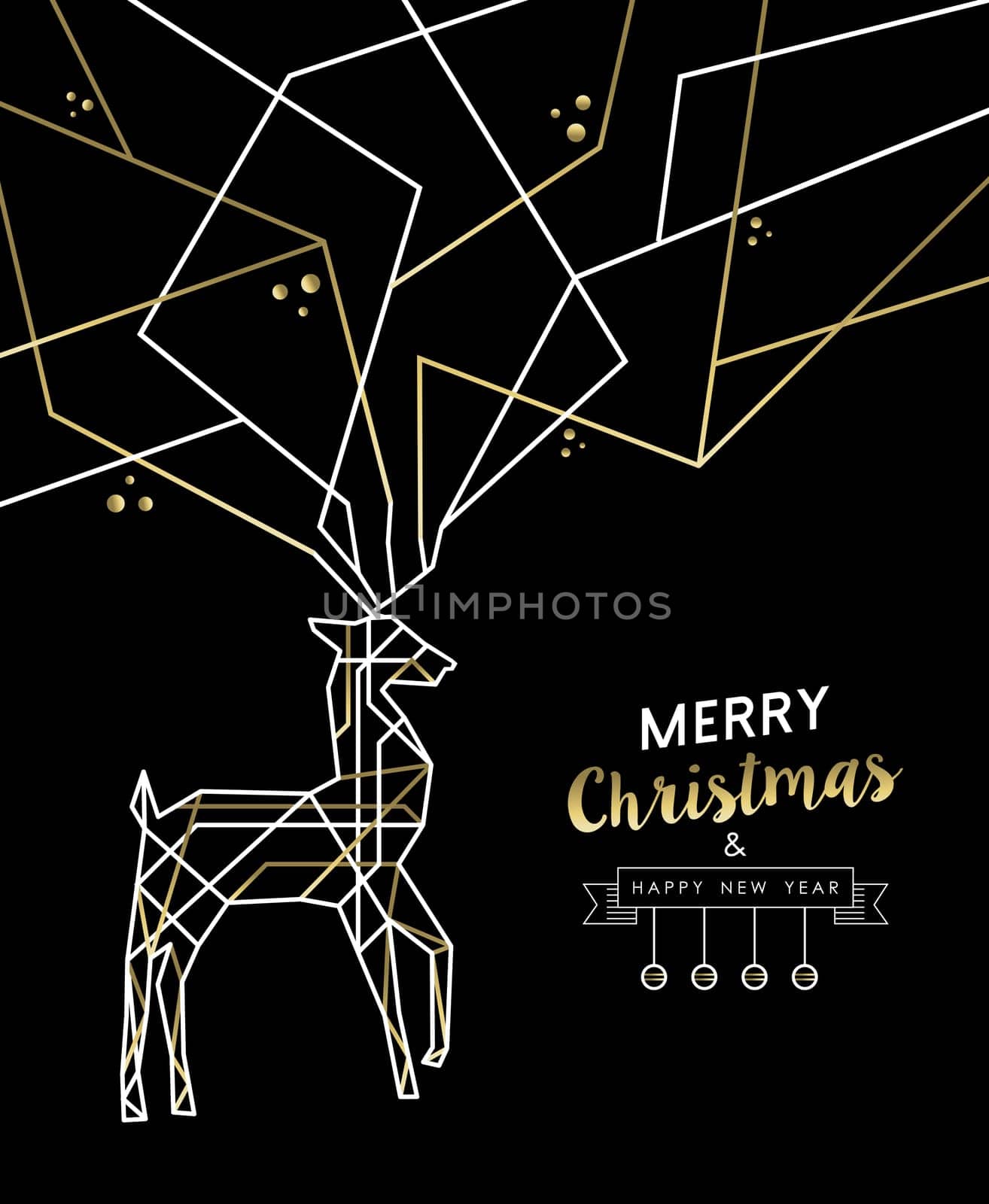 Merry Christmas Happy New Year gold and white deer outline art deco style antlers. Ideal for holiday greeting card, xmas poster or web. EPS10 vector.