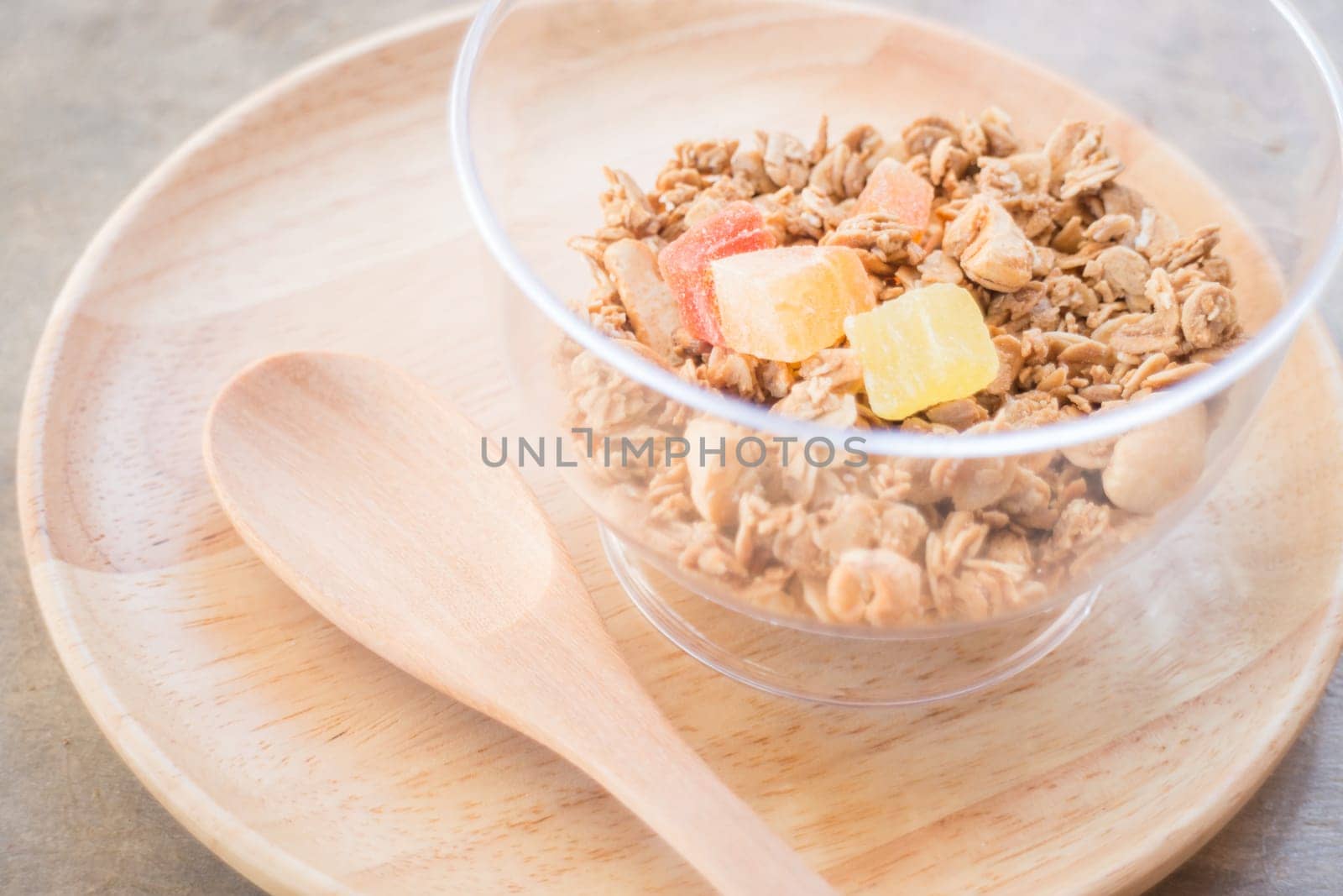 Homemade granola breakfast with dried fruit, stock photo