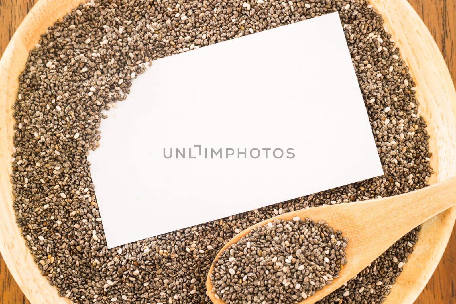 Nutritious chia seeds and business card, stock photo