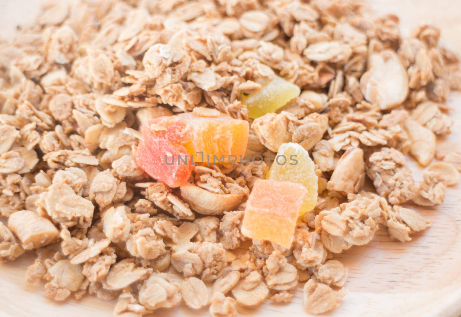 Homemade granola breakfast with dried fruit, stock photo