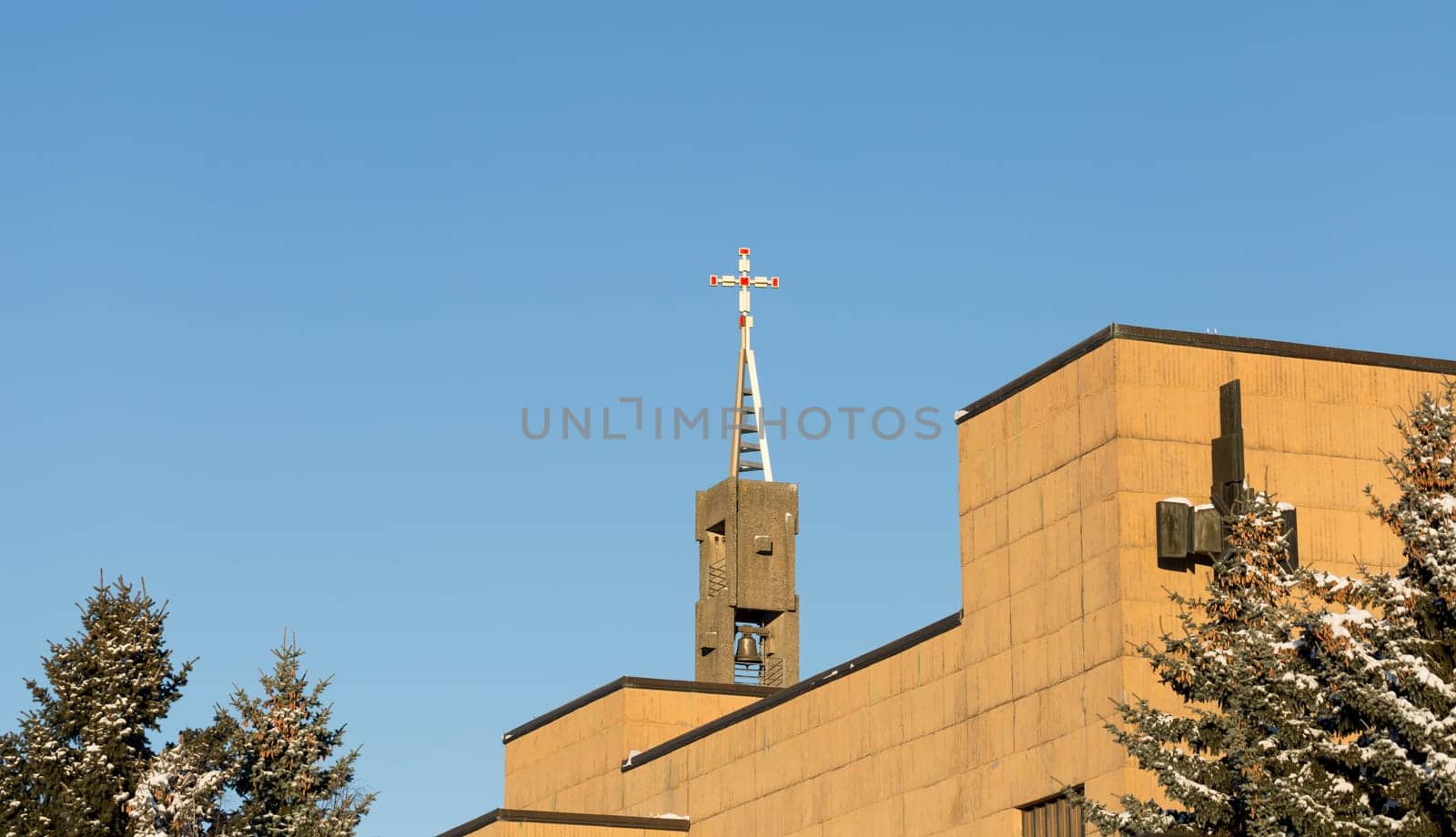 Church in Umeå, Sweden with a clear blue sky.