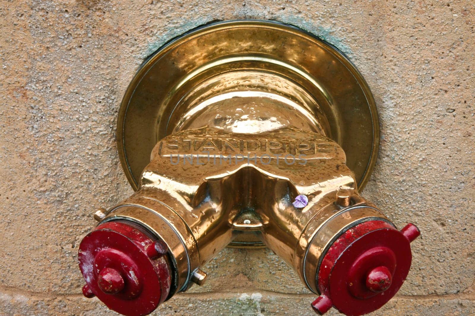 Golden standpipe on a New York City wall
