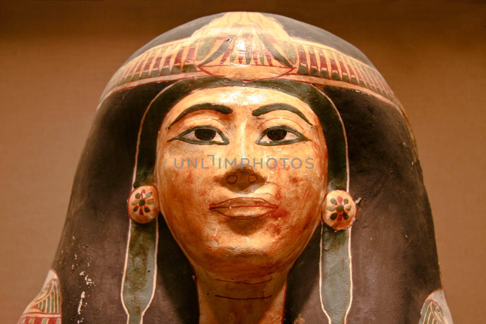 Woman head polychromed sarcophagus, Ancient Egyptian Art