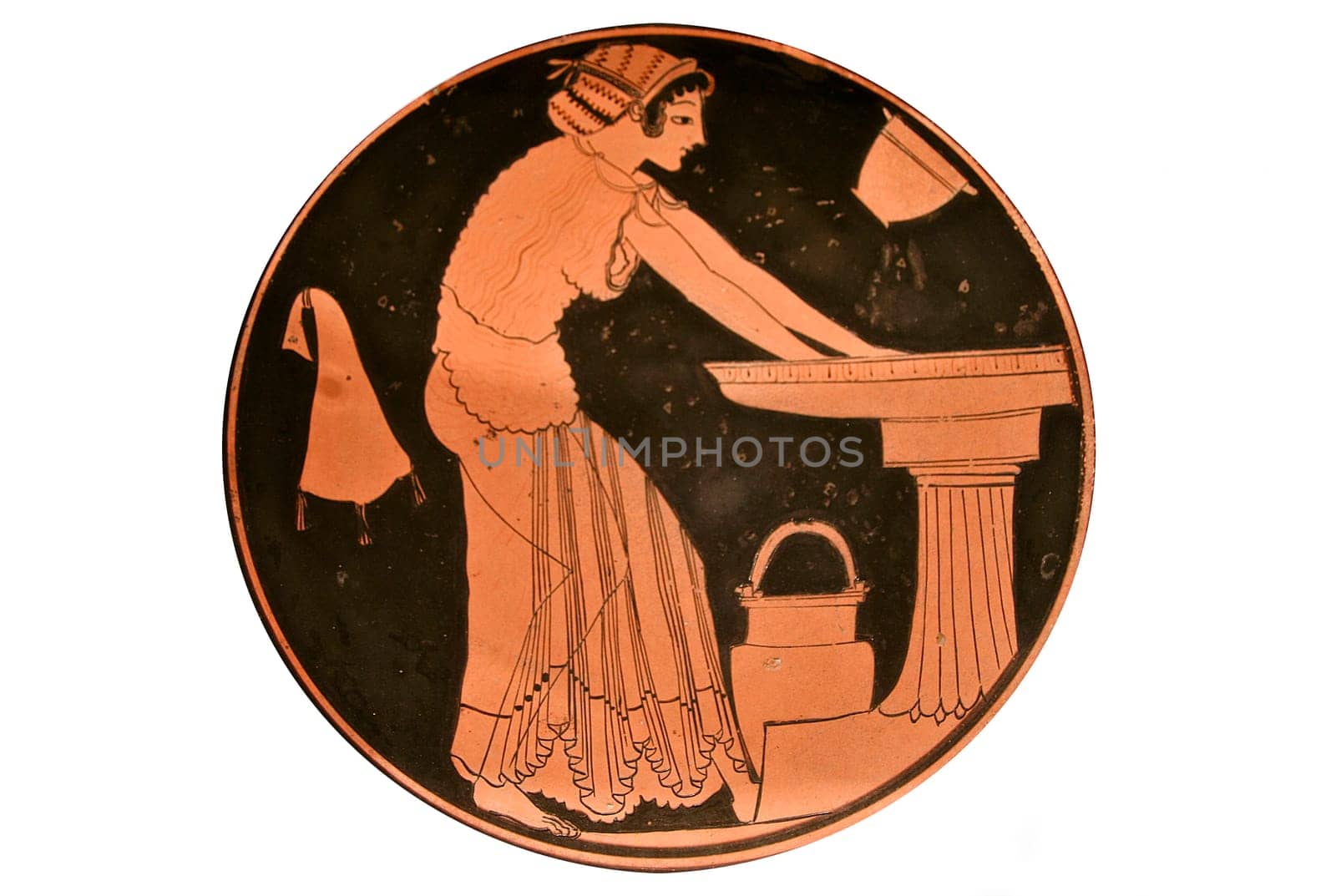 Ancient greek vase paintings in black over red ceramic. Isolated over white background