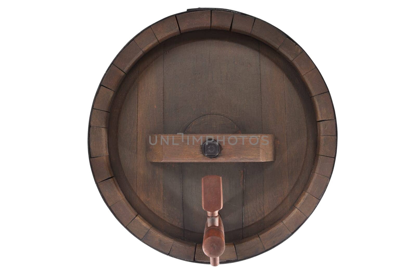 Old oak barrel insulated with tap made of wood On White
