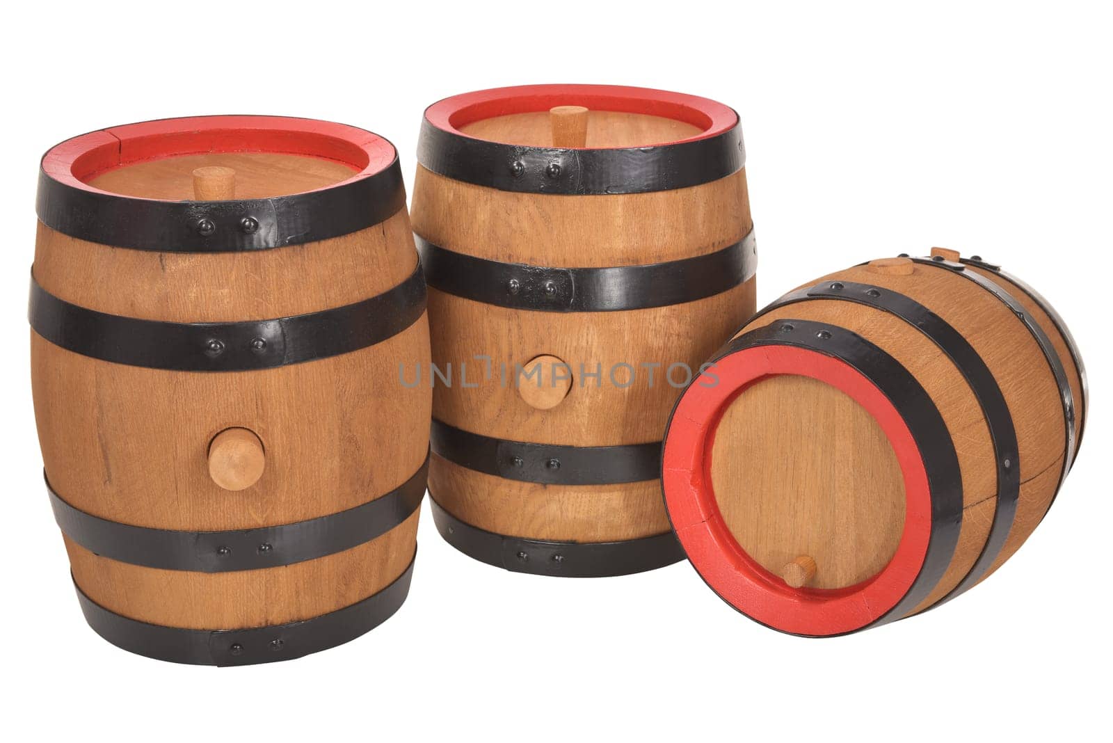 three old beer barrels with red rings insulated on white