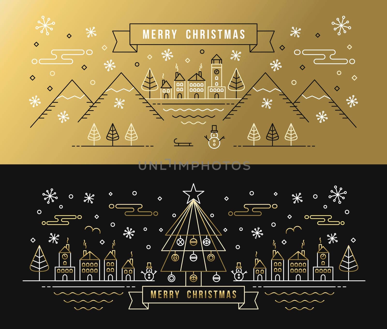 Merry christmas greeting card set in gold black outline style with city and winter holiday elements. EPS10 vector.