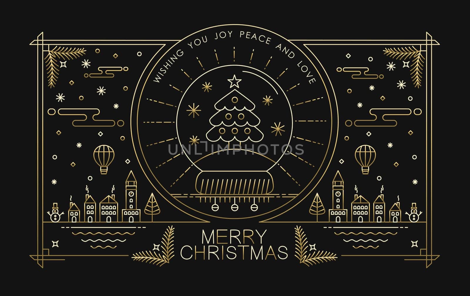 Merry christmas greeting card design in gold outline style with city holiday elements and text. Ideal for xmas poster, campaign or web. EPS10 vector.