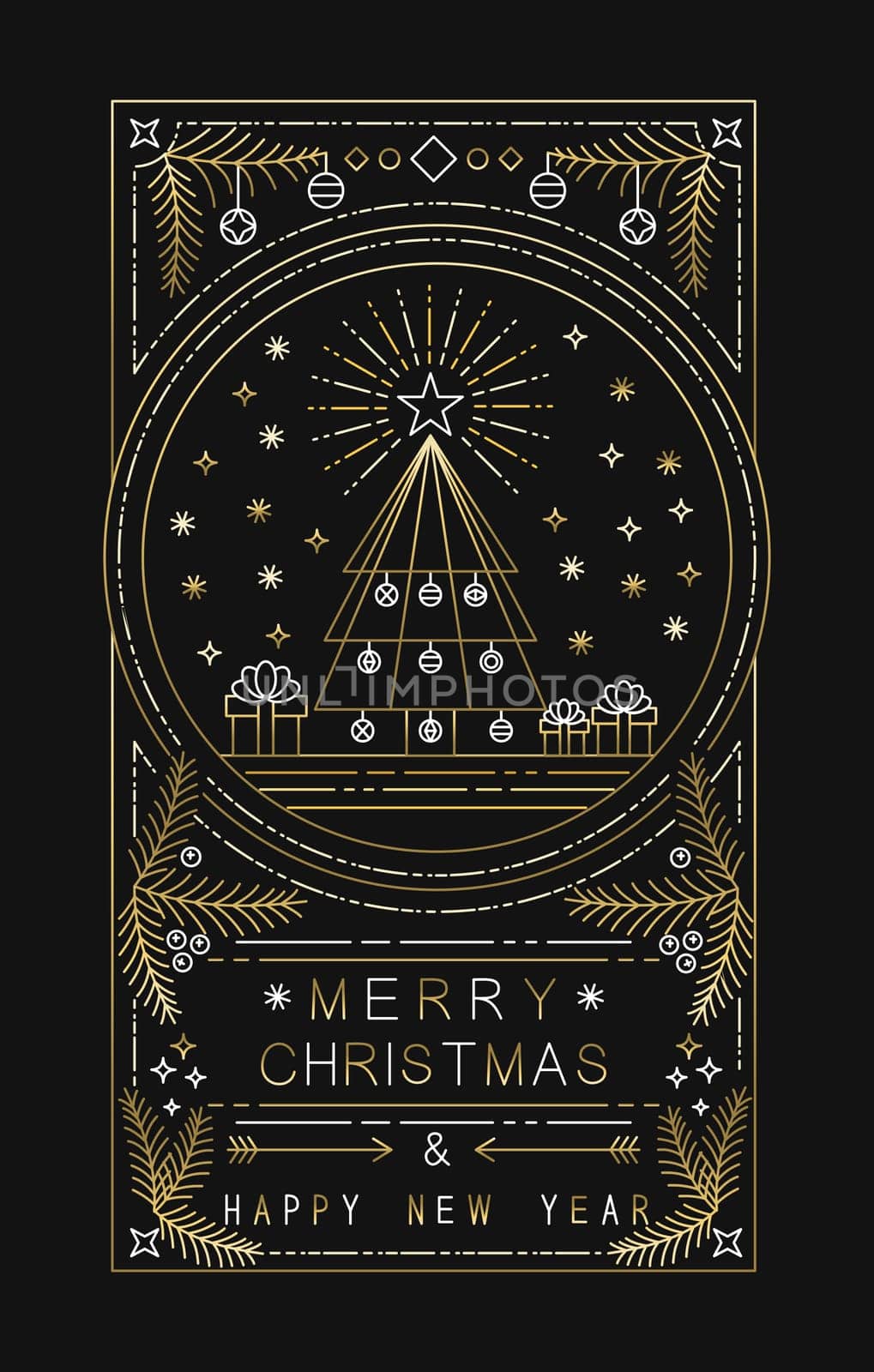 Merry Christmas Happy New Year design with xmas tree, gifts and decoration in simple gold outline style. Ideal for holiday greeting card, poster or web. EPS10 vector.   .