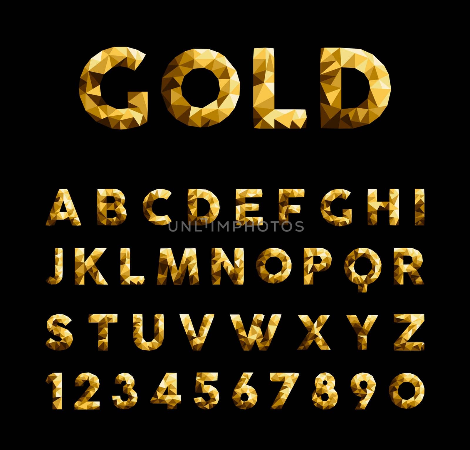 Gold elegant low poly luxury alphabet font typeface with numbers isolated on black background. EPS10 vector.