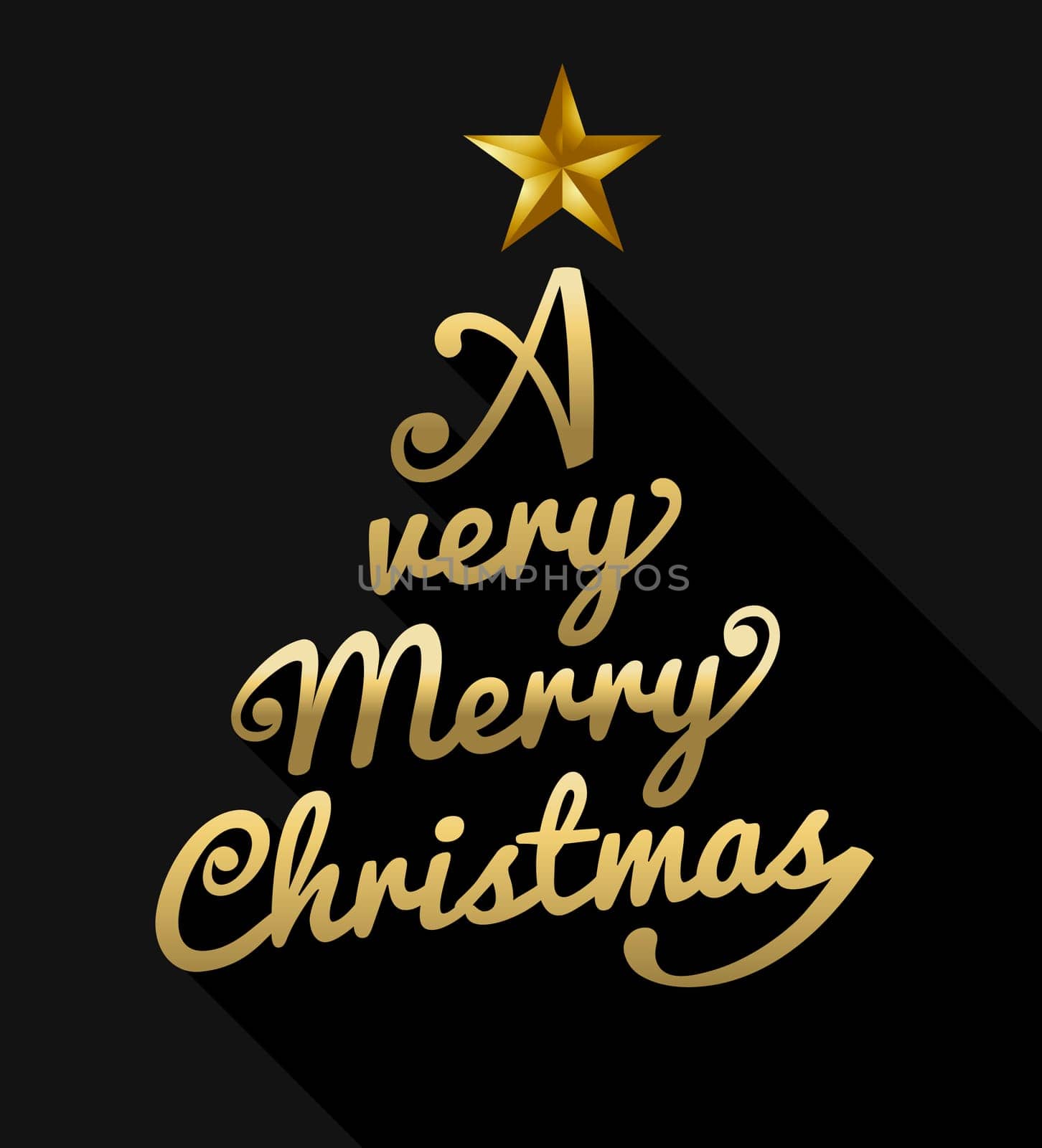 Merry christmas design with gold text making xmas pine tree shape. Ideal for holiday greeting card, poster or web. EPS10 vector.
