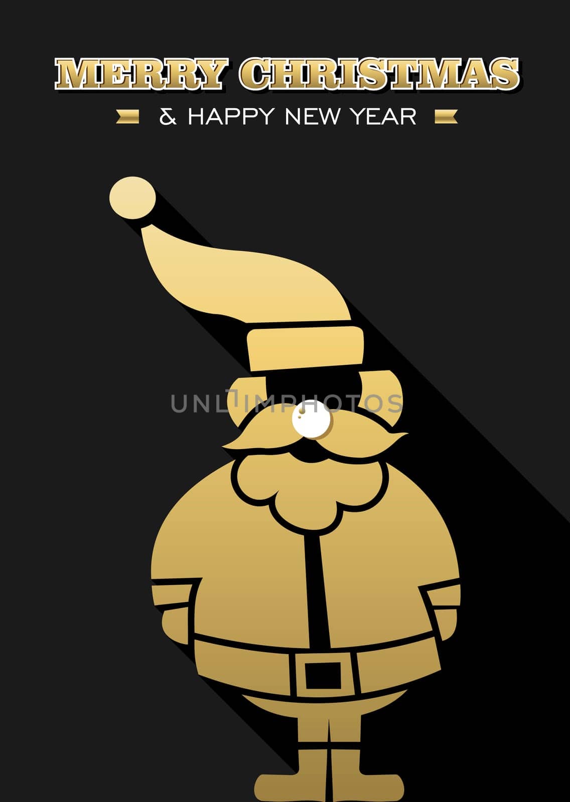 Merry Christmas Happy New Year gold Santa Claus silhouette on black background. Ideal for Xmas greeting card, holiday poster or web. EPS10 vector.