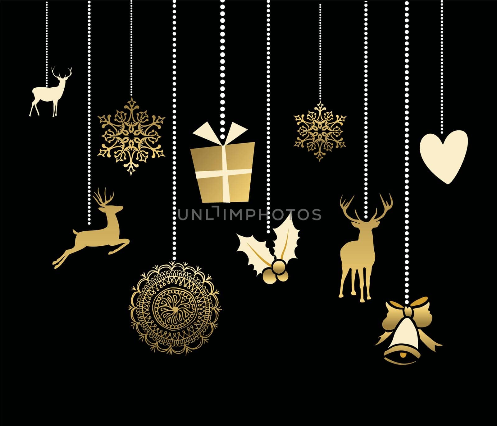 Holiday hanging decoration in gold color with cute reindeer, snow, heart and holly elements. ideal for Christmas greeting card, Xmas poster or web. EPS10 vector.