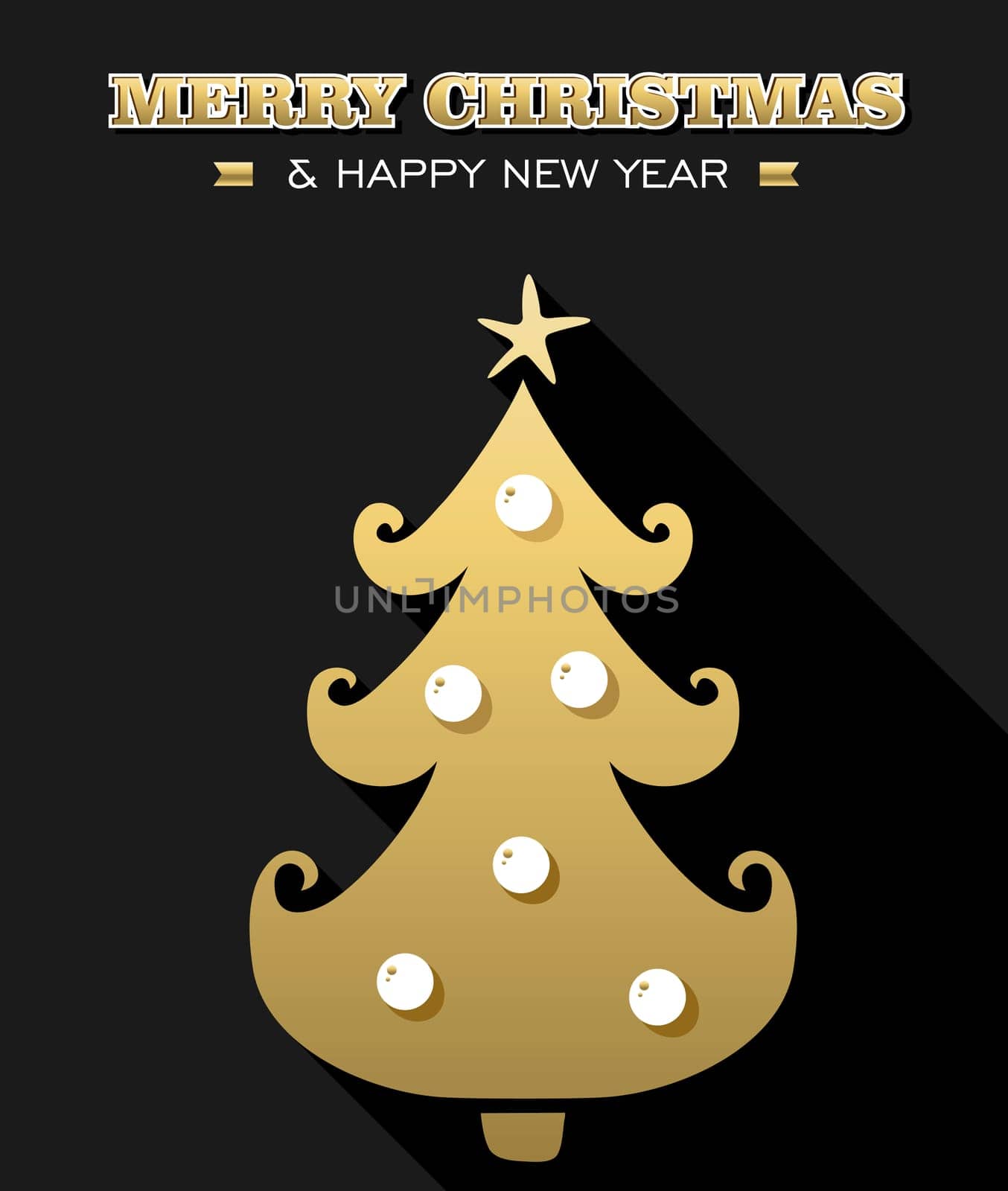 Merry Christmas Happy New Year gold Xmas tree with decoration on black background. Ideal for holiday card, invitation or poster. EPS10 vector.