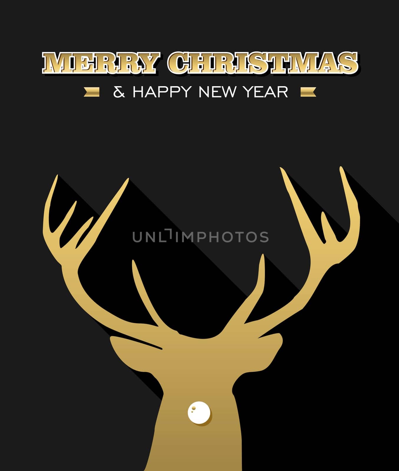 Merry Christmas Happy New year design, gold reindeer head silhouette with nose. Ideal for xmas greeting card, holiday poster or web. EPS10 vector.