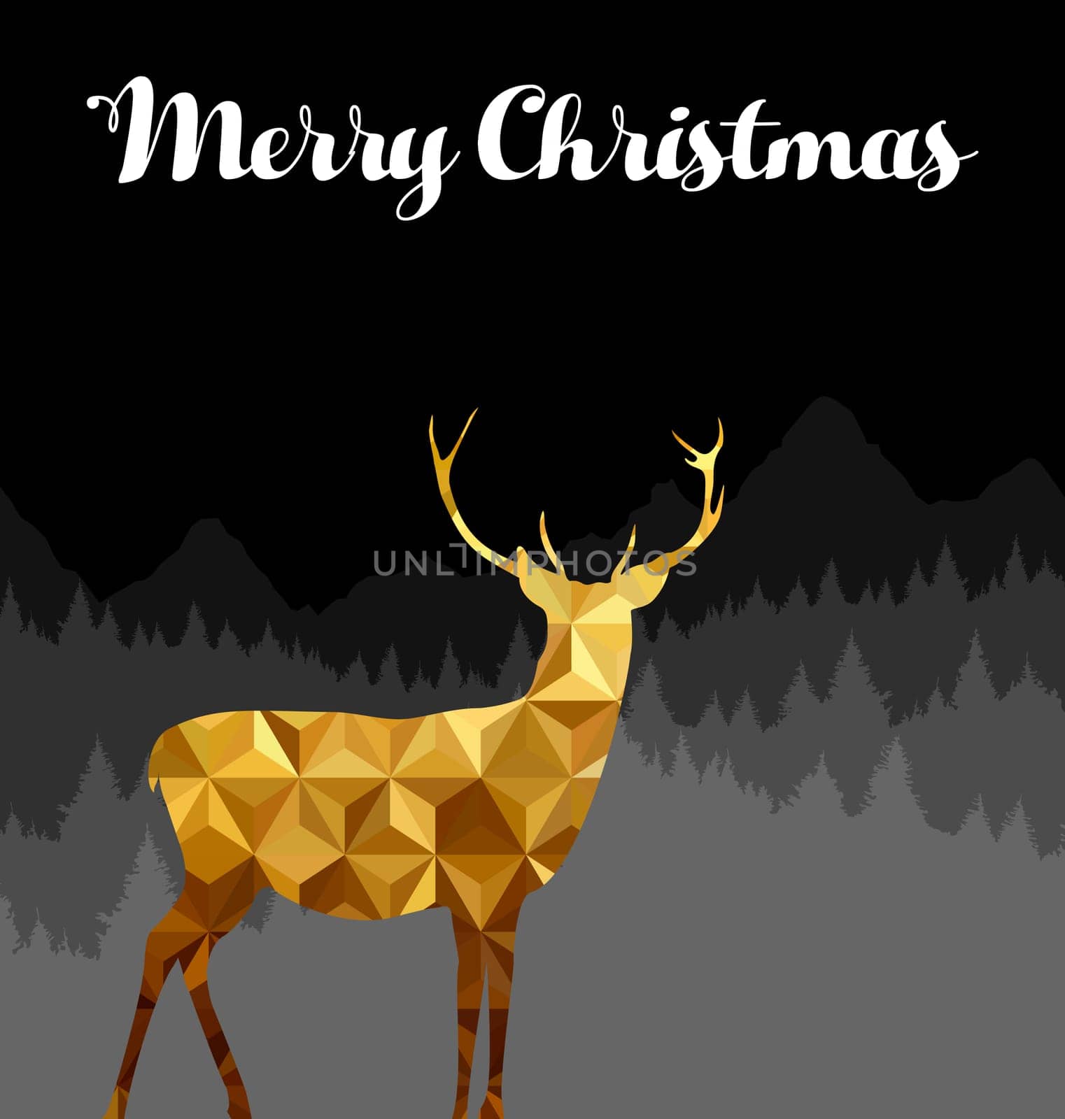 Merry Christmas gold low poly deer silhouette on forest background. Ideal for Xmas greeting card, holiday poster or web. EPS10 vector.