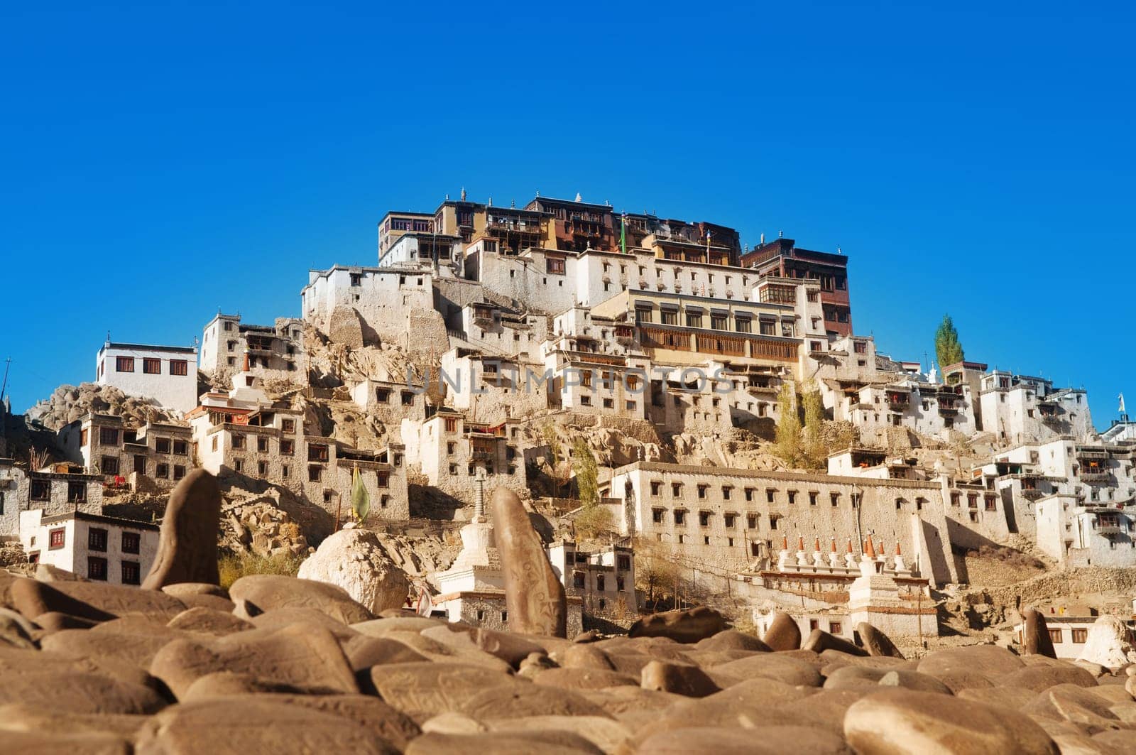 Buddhist heritage, Thiksey monastery or Gompa temple under blue sky. Leh, Ladakh, India.