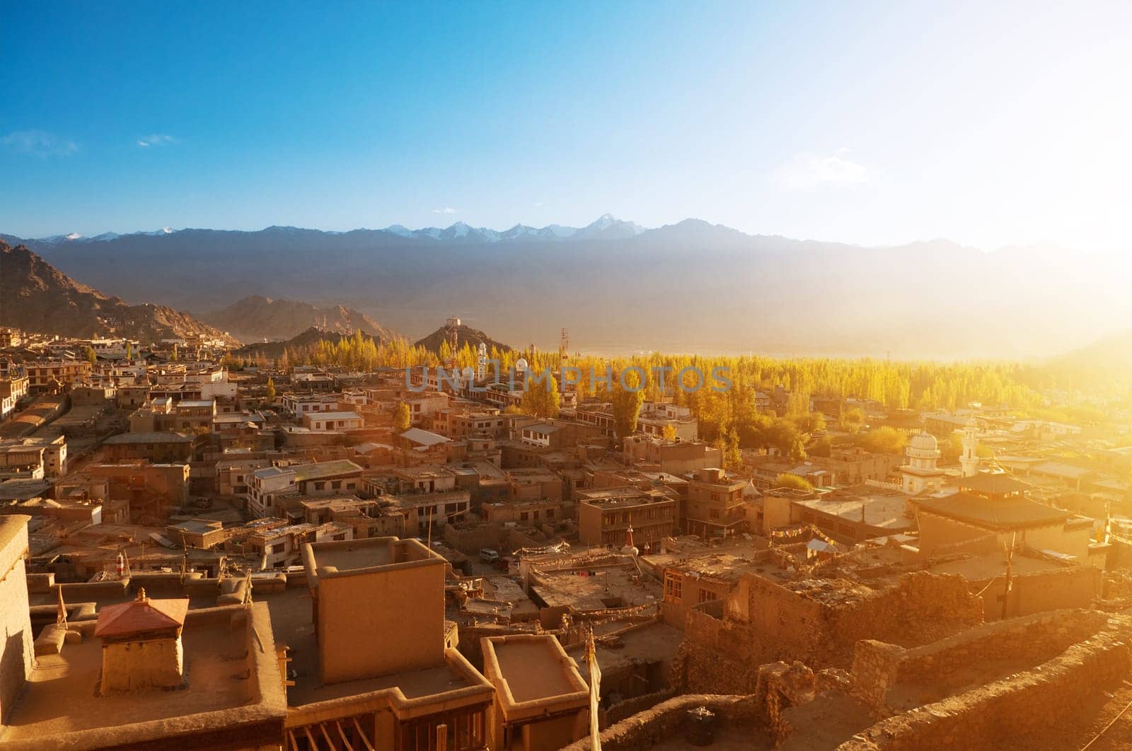 Sunrise view of Leh city, the town is located in the Indian Himalayas at an altitude of 3500 meters, North India