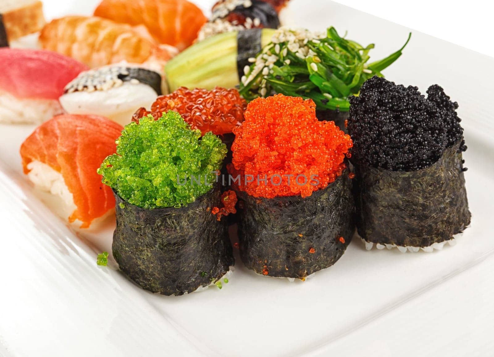Sushi rolls with red salmon,shrimp and  roe