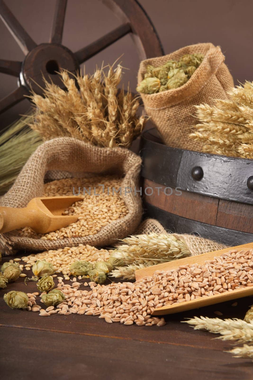 Beer barrel,wagon wheel with wheat,barley,hops and malt