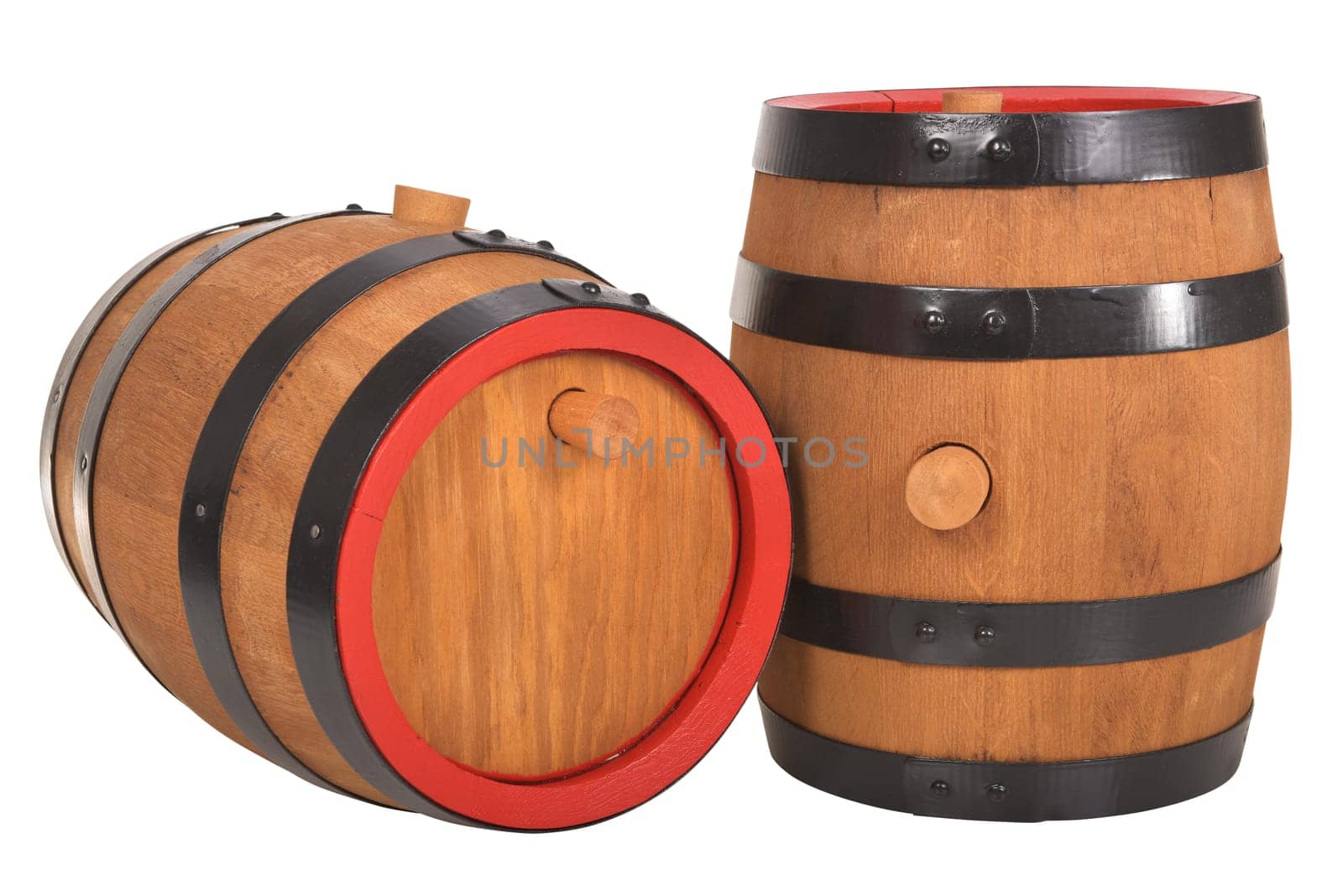 two old beer barrels with red rings insulated on white