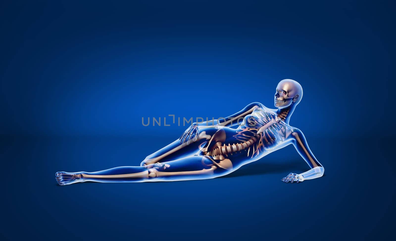 X ray looking, naked woman, laying down on floor, with bone skeleton superimposed, on neutral background, with clipping path.