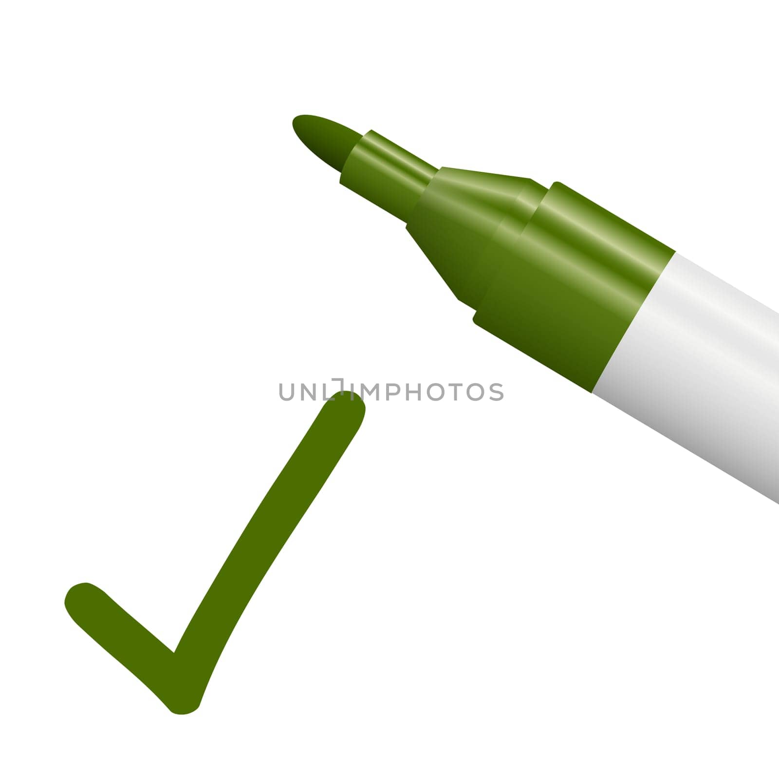 green pencil with green check mark isolated on white background symbolizing selection