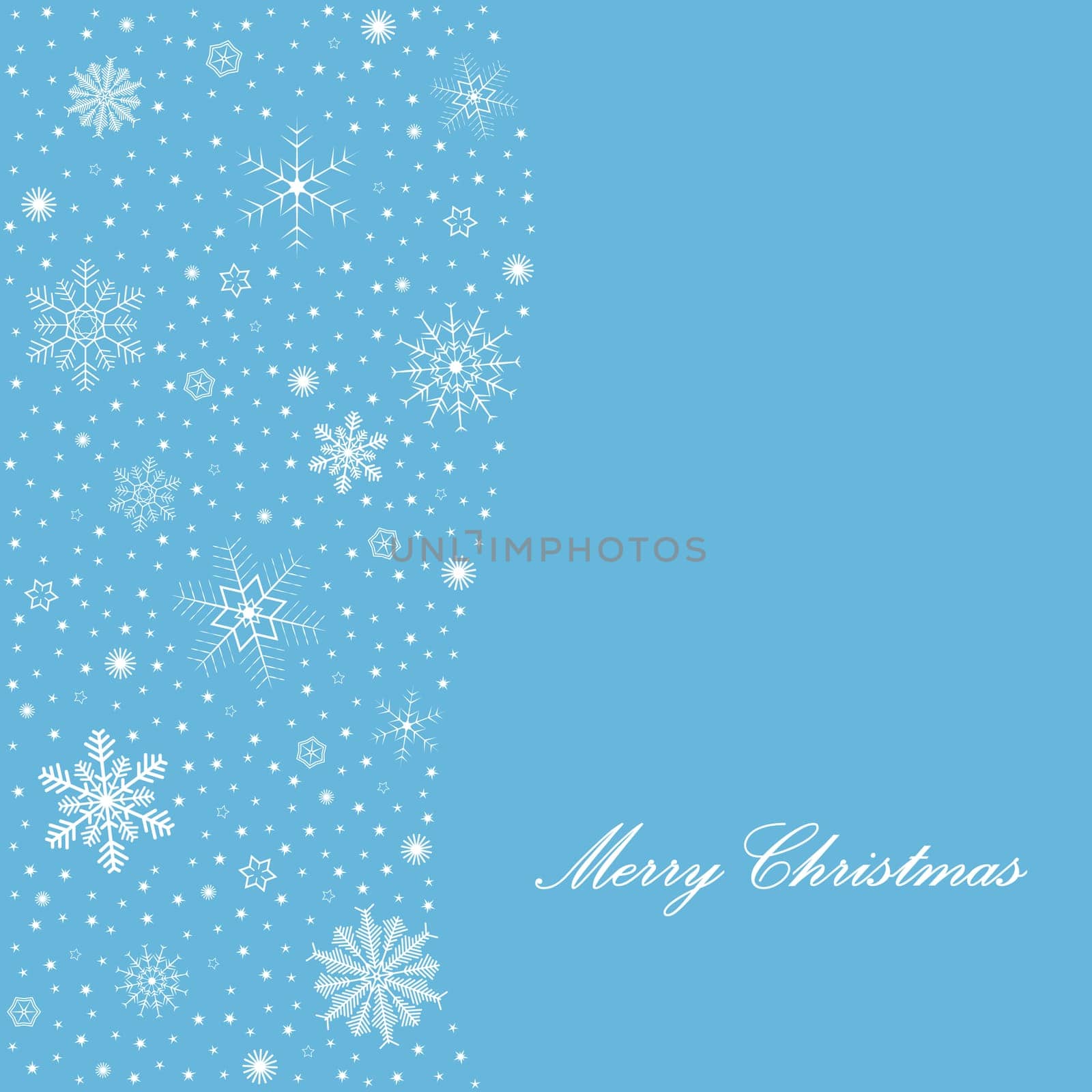 background with white snow stars on blue and text Merry christmas