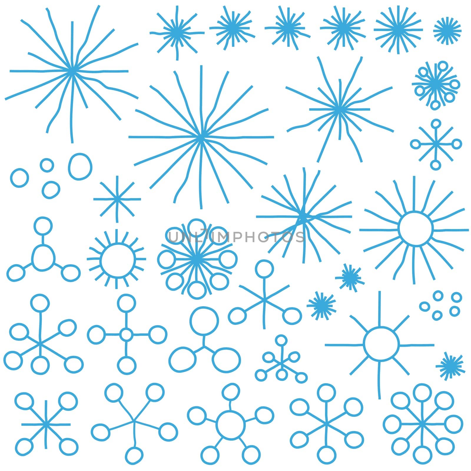 collection of very abstract blue snow flakes isolated on white background