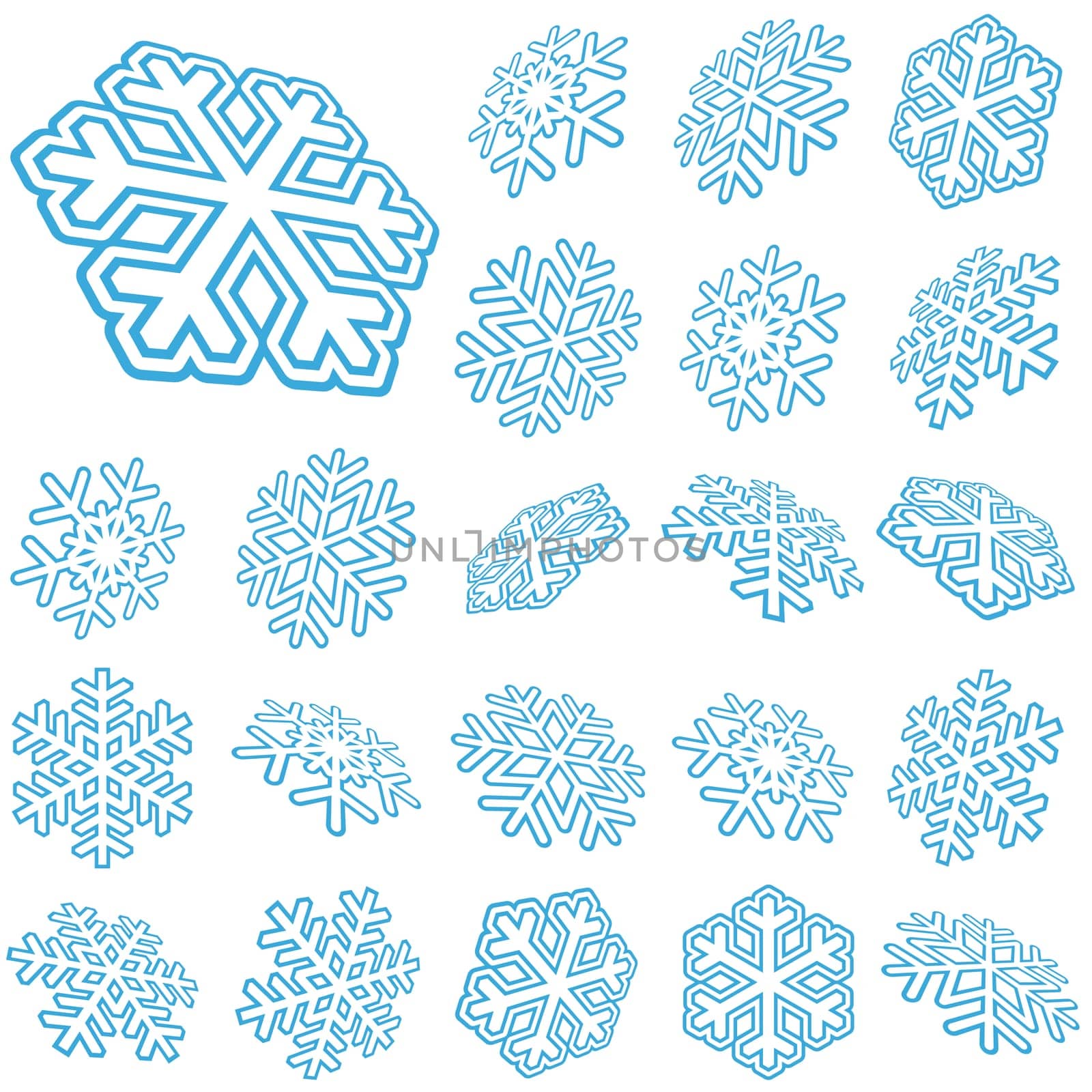 collection of abstract three dimensional blue snow flakes