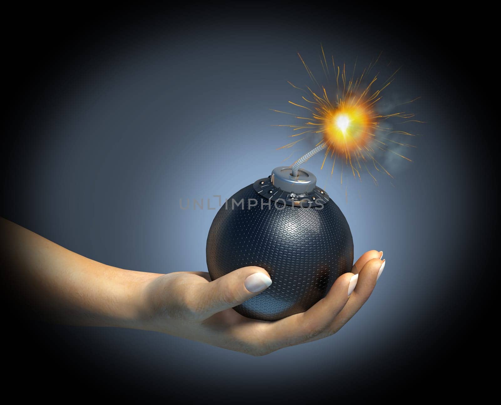 Human hand holding a bomb with burning fuse, on dark background.