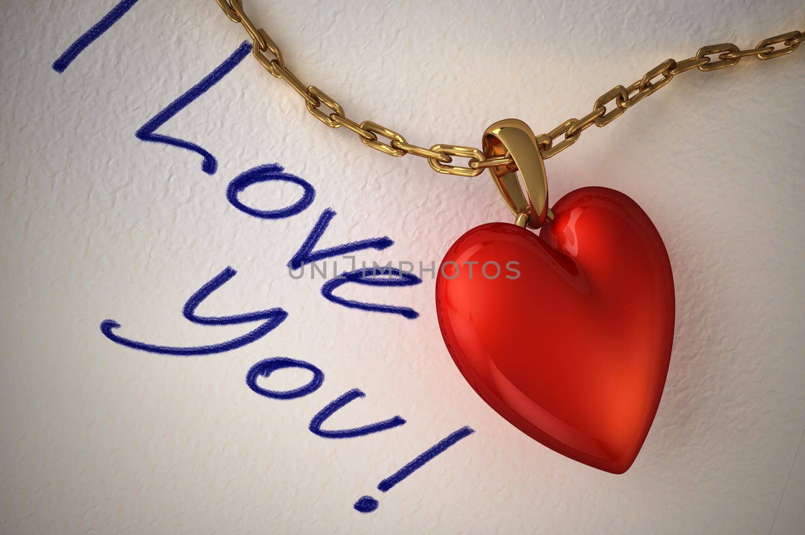 Red shiny heart pendant, with gold chain, on a white paper and the type I love you, hand written on it.