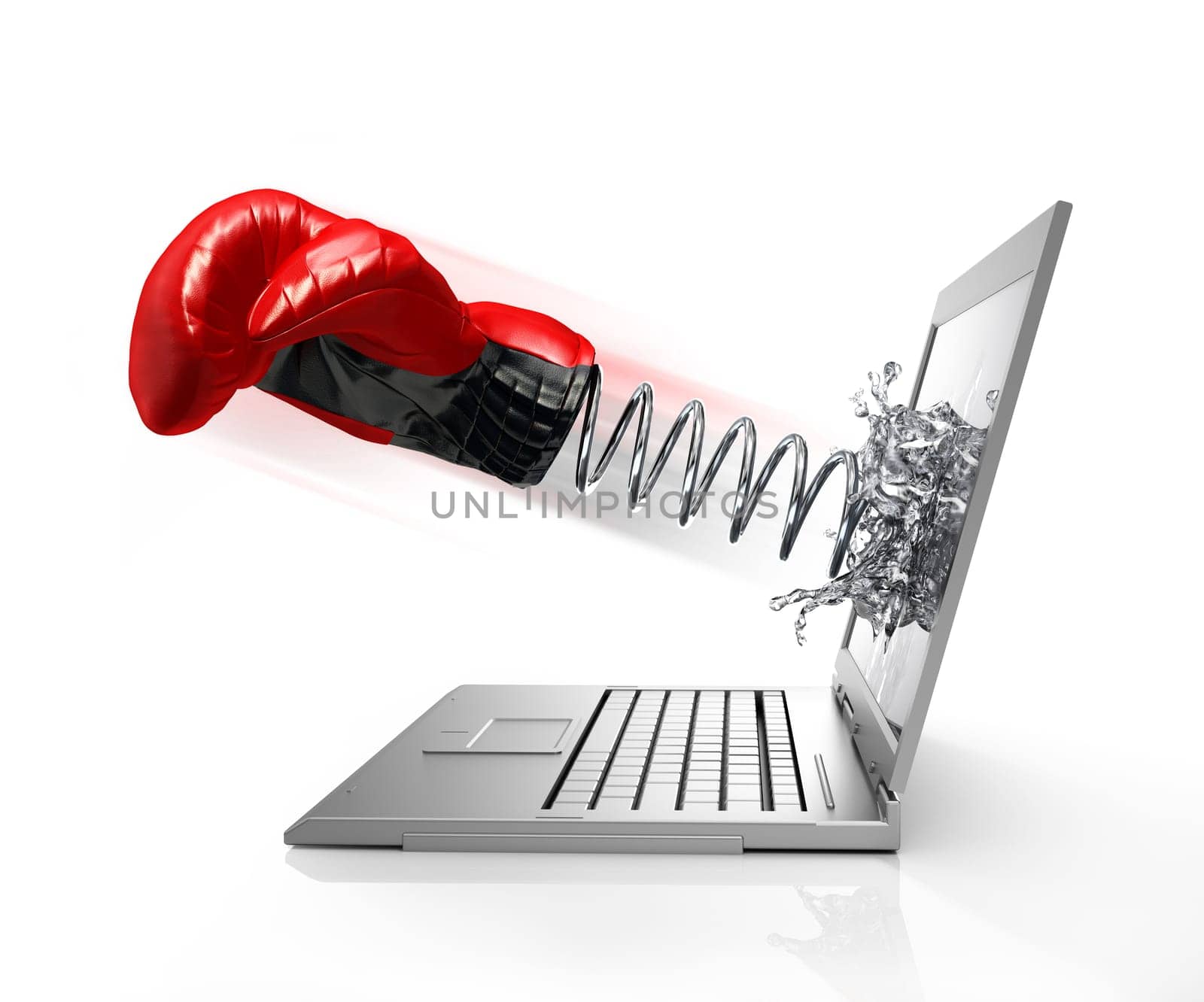 Boxing glove with spring coming out from computer screen, forming a splash from liquid crystals. On white background. Clipping path included.