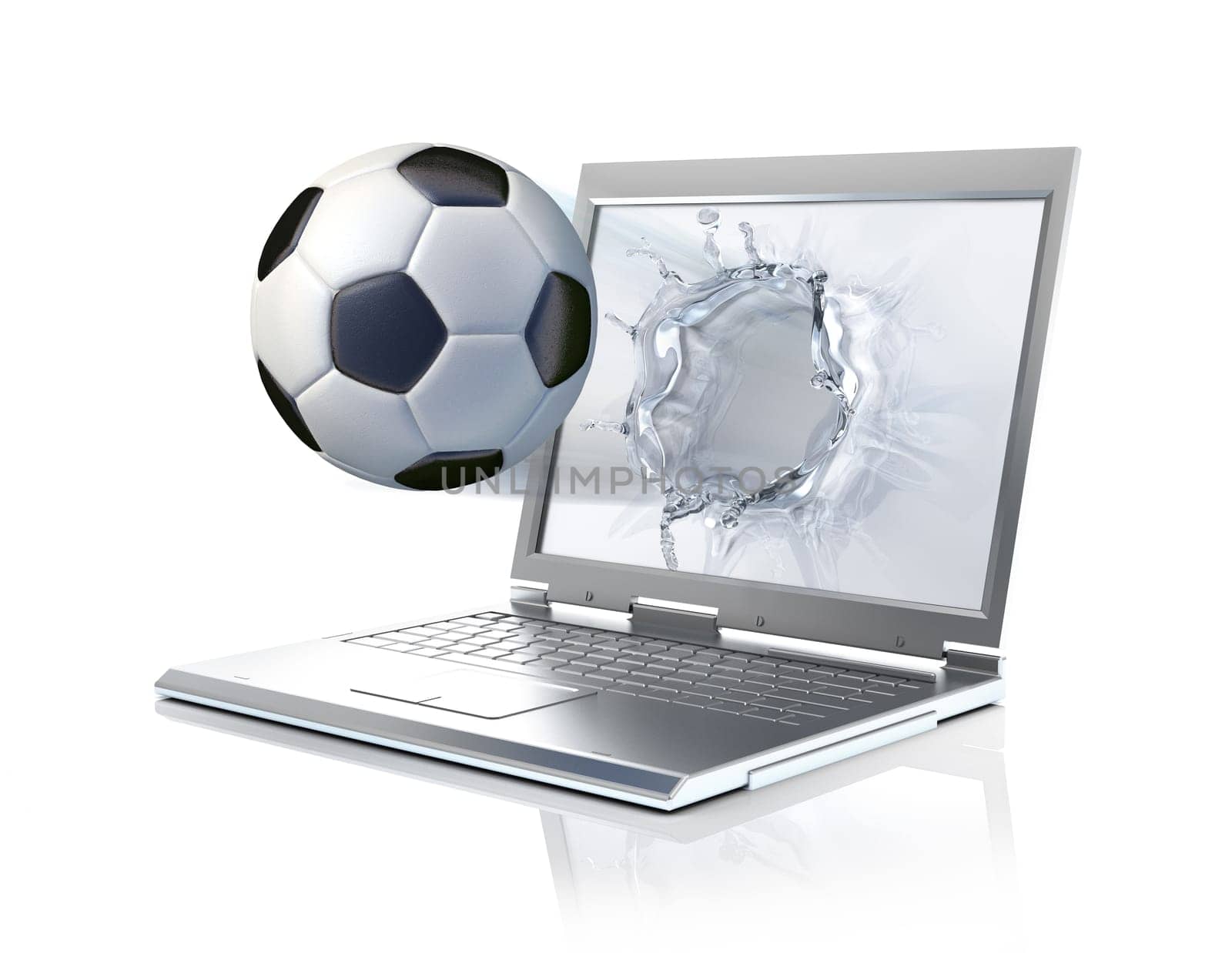 Football ball coming out from a laptop computer, forming a liquid splash on the screen. Isolated on white background with clipping path included.