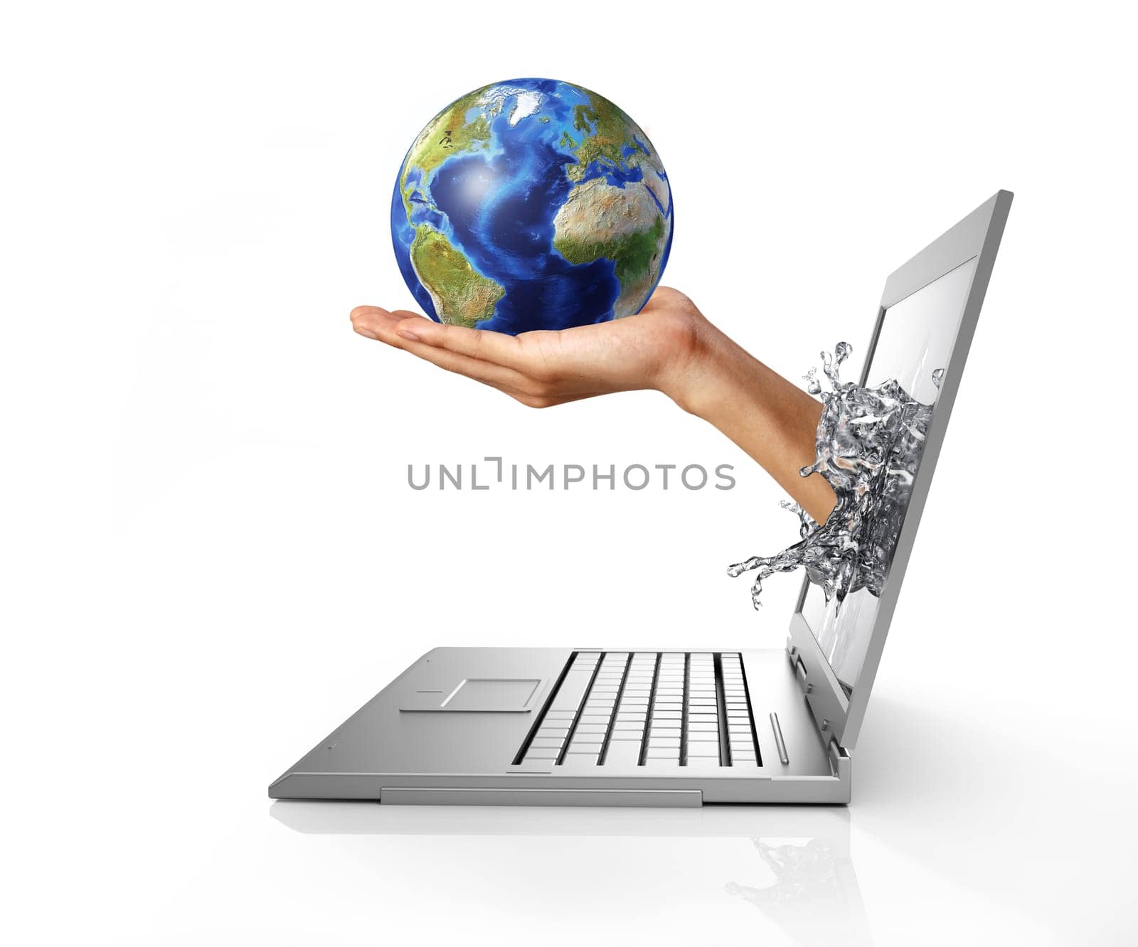 Earth globe on hand palm, coming out from a laptop computer, forming a liquid splash on the screen. Isolated on white background with clipping path included. Side view. (Source maps on Earth, were gently supplied by NASA.)