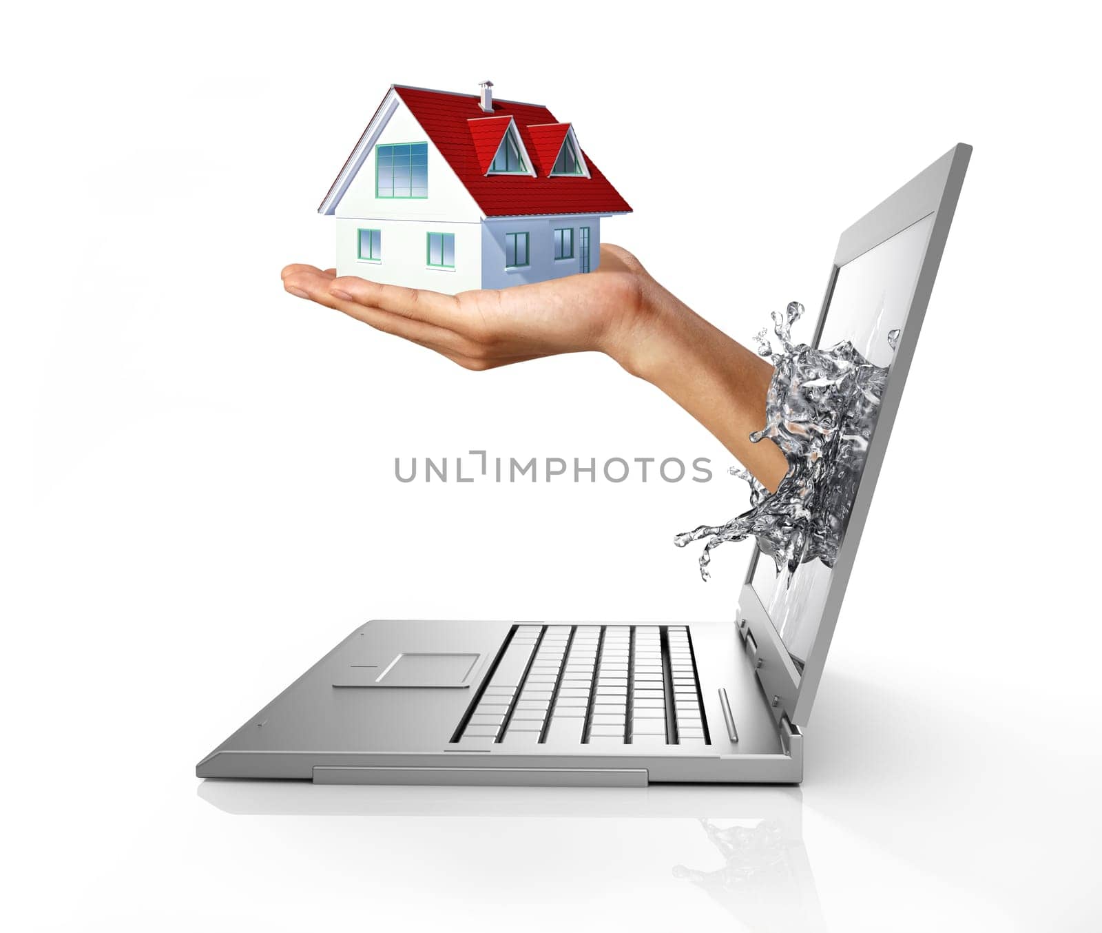 Man's hands, splashing out from a computer laptop screen, holding a house on it.