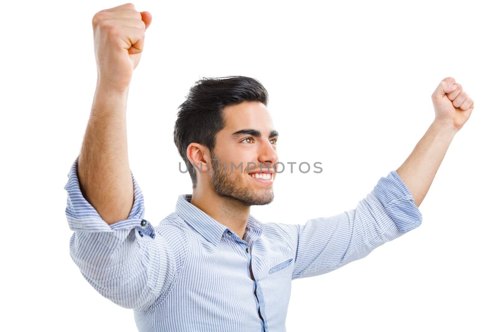 Portrait of handsome young man with thumbs up, isolated over a gray background