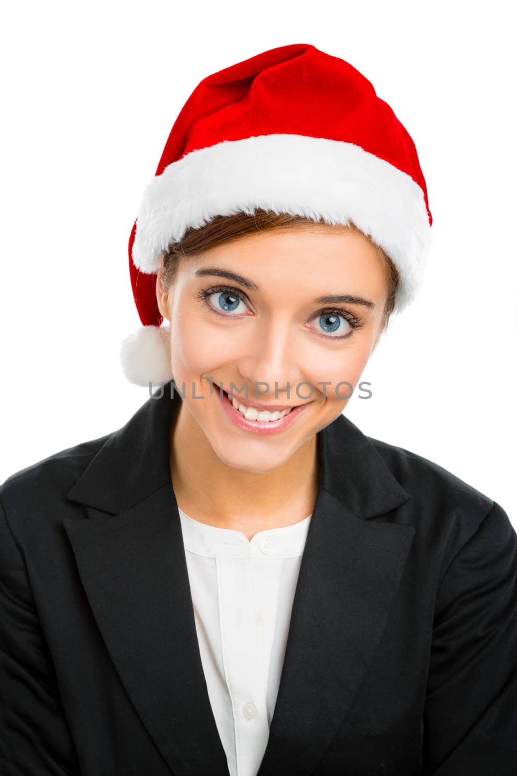 Portrait of a beautiful blonde woman wearing a Santa hat