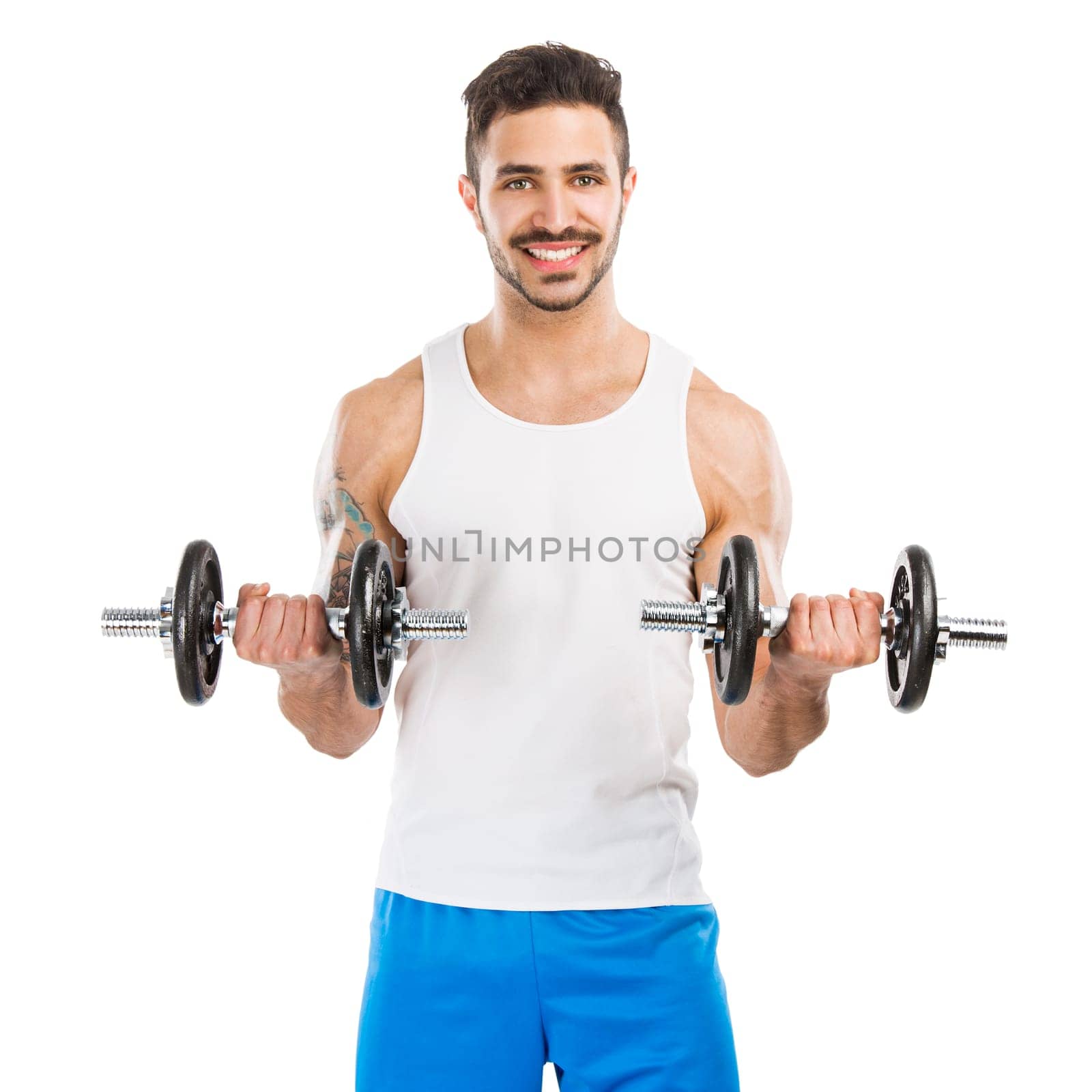 Portrait of a muscular man lifting weights, isolated over a white background