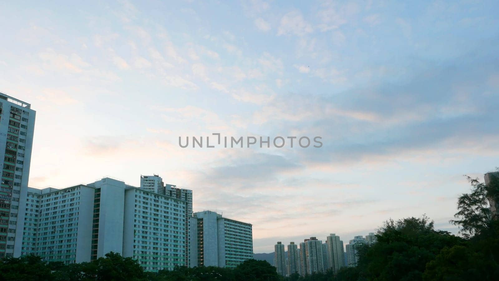 Residential buildings cityscape, cloudscape and sky