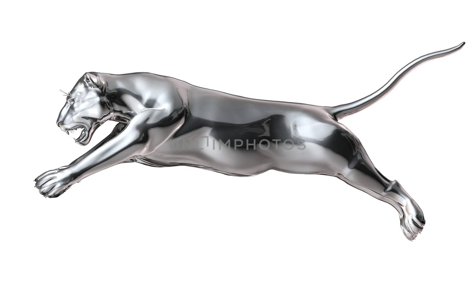 Metal lion tiger jumping. Chromed effect on white background. clipping path included.