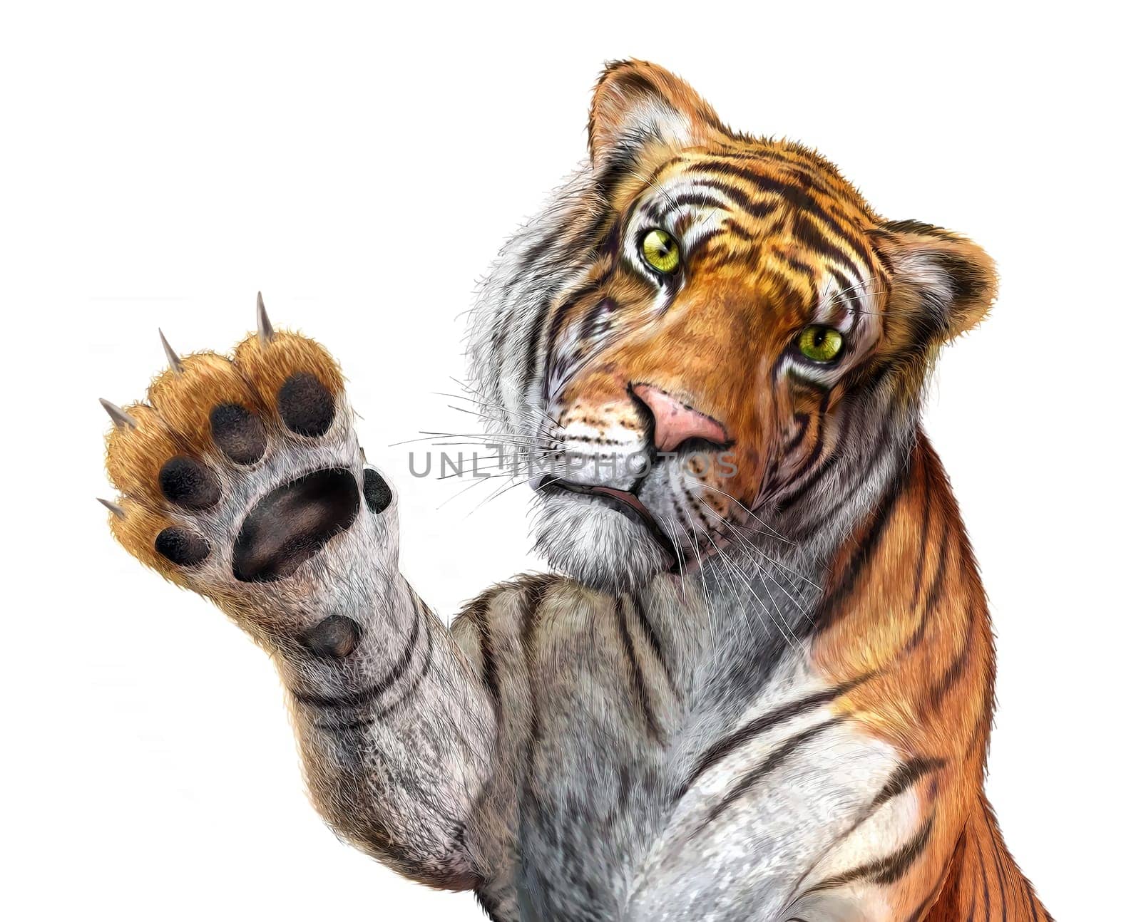 Tiger close up, facing the viewer, with the right hand up and claws.