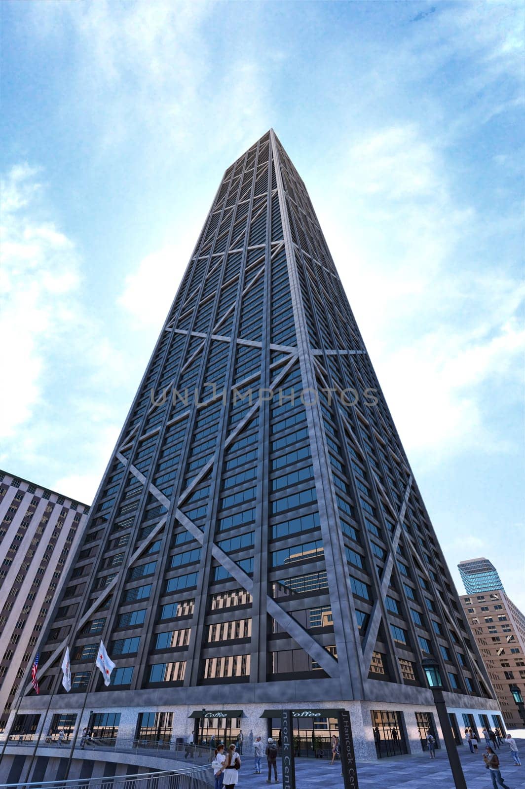 Skyscraper modern squared structure, with metal and glass, viewed from below with nice sky on background.